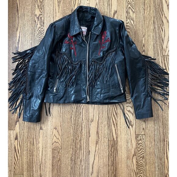 Vintage Addis Biker Fringe Leather Jacket Velvet Cut Out Rose Conchos Womens 16 - Picture 2 of 12